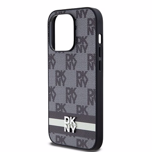 DKNY Nahkainen Checkered Mono Pattern & Printed Stripes Suojakuori iPhone 14 Pro:lle - musta