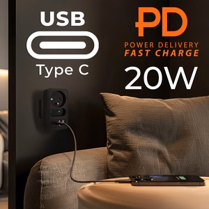 Maclean MCE249 F/B – verkkopistorasian jakaja, 2 pistorasiaa, 4 USB-porttia: 2×USB-A ja 2×USB-C PD 20 W, 1×16 A + 1×6 A