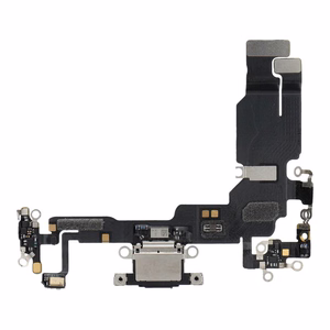 Original charging-port flex cable removed from a donor device for iPhone 15 – black