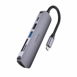 Sovitin Hoco HB28 Type-C monitoiminen HDMI+USB3.0+USB2.0+SD+TF+PD harmaa