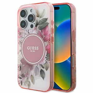 Guess IML Flower ja Tonal Circle MagSafe iPhone 16 Pro Max Suojakuori - Vaaleanpunainen