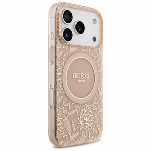 Guess IML Flowers Electro Pearl Strap MagSafe -kuori iPhone 17 Pro - pinkki