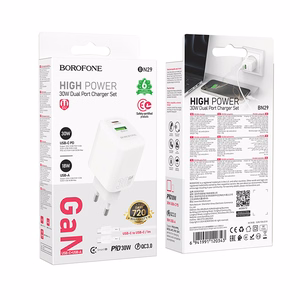 Borofone Wall charger BN29 Fuente - USB + Type C - QC 3.0 PD 30W with Type C to Type C cable white
