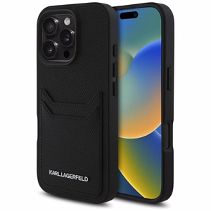 Karl Lagerfeld HC Grained PU CardSlot Metal Elong Suojakuori iPhone 16 Pro:lle - Musta