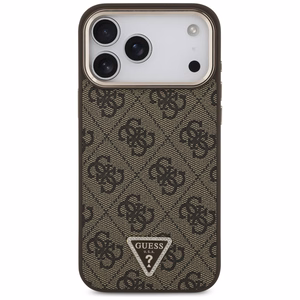 Guess PU Leather 4G Strass Triangle Logo Gold Frame MagSafe -kuori Apple iPhone 18 Pro Max -puhelimelle, ruskea