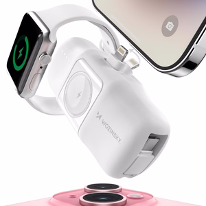Wozinsky WF16-YLS 5000mAh 15W Lightning Mini Power Bank, jossa on sisäänrakennettu USB-C-kaapeli ja Apple Watch -laturi - Valkoinen