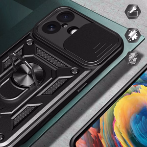 Hybrid Armor Camshield Suojakuori jalustalla ja kameran suojuksella iPhone 17:lle - musta