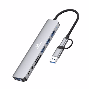 Harmaa 8-in-1-USB-keskitin Wozinsky WAH-81 USB 3.0:lla, SD-kortinlukijalla ja äänilähdöllä