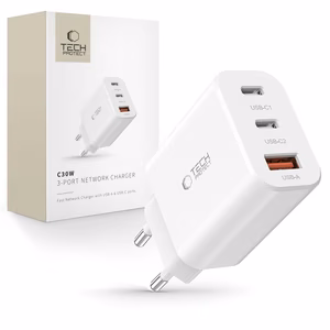 Tech-Protect NC30W laturi 2x USB-C PD 30W / USB-A QC 3.0 - valkoinen