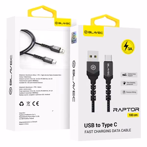 Blavec kaapeli Raptor punottu - USB - Type C - 3A 1 metri Apple CarPlay/Android Auto (CRA-UC3BG10) musta-harmaa