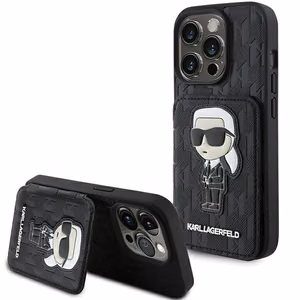 Karl Lagerfeld Saffiano Cardslots and Stand Monogram Ikonik Patch suojakuori iPhone 15 Pro:lle - musta