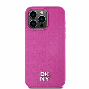 DKNY Nahkainen Monogram Pattern Metal Logo MagSafe Suojakuori iPhone 15 Pro Max:lle - Vaaleanpunainen