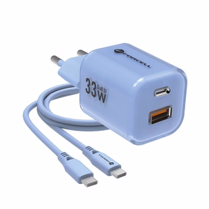 Puhelinlaturi Forcell F-Energy GaN III Crystal Color USB C + USB A QC4.0 PD 33W + silikoninen kaapeli USB C - USB C VT-41 sininen