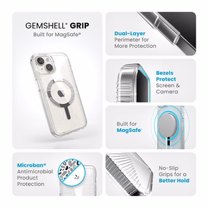 Speck GemShell Grip MagSafe -suojakuori iPhone 17e / 16e / 15 / 14 / 13 -laitteelle, läpinäkyvä krominvärisillä yksityiskohdilla