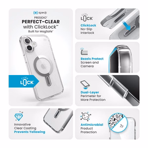 Speck Presidio Perfect-Clear -suojakuori MagSafe- ja ClickLock-tuella iPhone 16 Plus:lle, Clear/Chrome