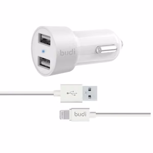 Budi BD622LW autolaturi 2 USB-A-liitännällä, LED-merkkivalolla, Lightning-kaapelilla