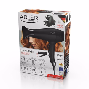 Adler AD 2267 – 2100 W hiustenkuivain 3 lämpötila-asetuksella ja diffuusorilla, musta