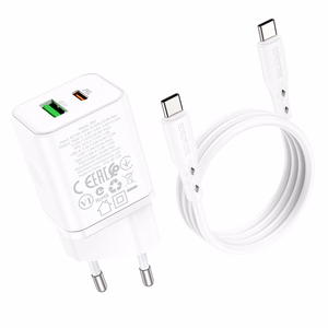 Borofone Seinälaturi BN7 - USB + Type C - QC 3.0 PD 20W Type C - Type C -kaapelilla valkoinen
