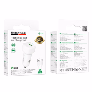Borofone BZ34 Cloud -autolaturi - USB - QC 3.0 18W ja USB - Type C -kaapeli, valkoinen
