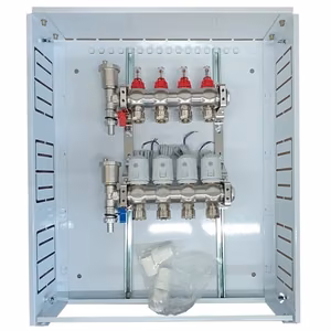 HiSmart HT260393 4-loop underfloor heating manifold set with NC 230 V thermal actuators and flow meters