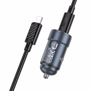 Autolaturi Hoco USB-C QC3.0 PD 30W + USB-C - Lightning -kaapeli Z57 metallinen harmaa