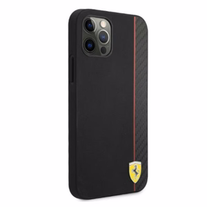 Ferrari FESAXHCP12LBK iPhone 12 Pro Max 6.7" musta/musta kovakotelo On Track Carbon Stripe -raidoitusratkaisu