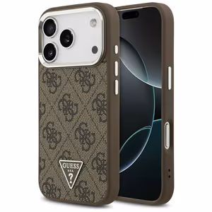 Guess MagSafe 4G PU Nahkainen Suojakuori Triangle Logo ja Hopeinen Metallikehys iPhone 17 Pro:lle - Ruskea
