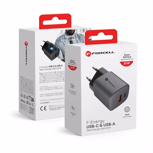 Puhelinlaturi Forcell F-Energy GaN USB C + USB A QC4.0 PD 3A 33W VT-31 harmaa