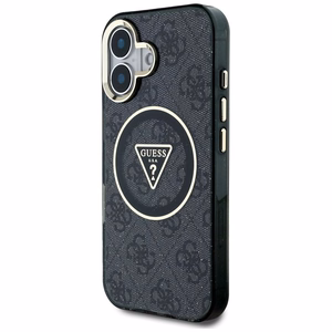 GUESS Suojakuori iPhone 16:lle MagSafe-yhteensopiva GUHMP16SHG4PRTGK (IML Metal Glitter 4G Circle Triangle) Musta