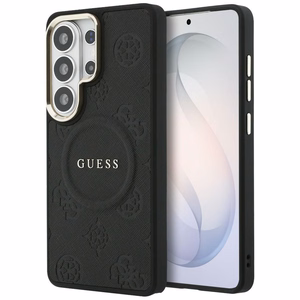 Guess Saffiano Peony Embossed Ring MagSafe -suojakuori Samsung Galaxy S26 Ultralle musta