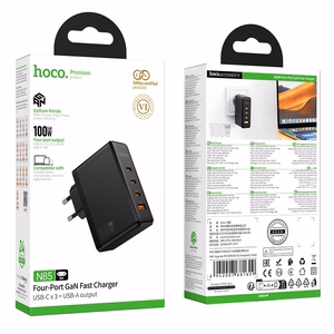 Hoco N85 100 W -laturi, jossa on 3 USB-C-porttia ja 1 USB-A-portti, musta