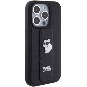 Karl Lagerfeld Gripstand Saffiano Choupette Pins Suojakuori iPhone 15 Pro Maxille - musta