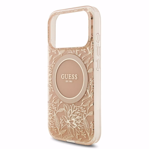 Guess IML Flowers Allover Strap MagSafe -suojakuori Apple iPhone 18 Pro Max -puhelimelle, vaaleanpunainen