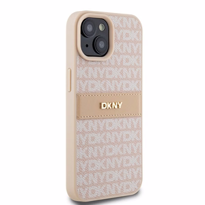 DKNY Nahkainen Mono Raita ja Metallinen Logo Suojakuori iPhone 15 Plus / 14 Plus:lle - vaaleanpunainen