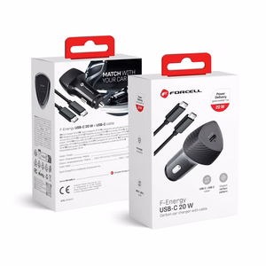 Autolaturi Forcell F-Energy Carbon USB C QC3.0 PD 3A 20W + Kaapeli USB C - USB C CC50-1C musta