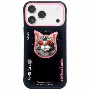 NIMMY suojakuori GLASSES COOL CAT yhteensopiva MagSafen kanssa iPhone 17 Pro Max:lle musta vaaleanpunainen