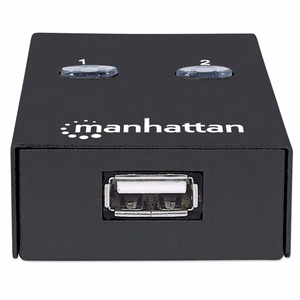 Manhattan USB-A automaattinen jakokytkin, 2x USB-B -portit, 480 Mbps (USB 2.0), kaksoisohjaus (automaattinen tai manuaalinen), USB-virta (ei ulkoista virtalähdettä), sisältää 1x 1.5m USB-A – USB-B -kaapelin