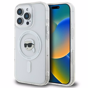 Karl Lagerfeld IML Metal Karl Head MagSafe Suojakuori iPhone 16 Pro:lle - Valkoinen