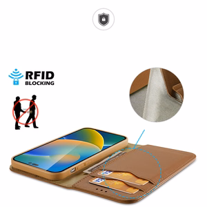 Dux Ducis Hivo Nahka Flip Cover Aitoa nahkaa Lompakko korteille ja asiakirjoille iPhone 14 Pro Max Ruskea