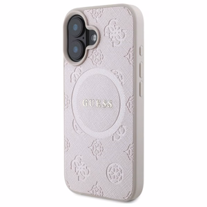 Guess Saffiano Peony Classic Logo MagSafe Suojakuori iPhone 16:lle - Vaaleanpunainen