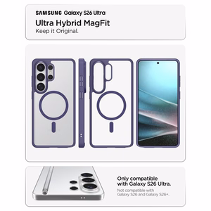 Spigen Ultra Hybrid MagFit MagSafe -suojakuori Samsung Galaxy S26 Ultra -puhelimelle, läpinäkyvä ja tummanvioletti (Deep Purple)