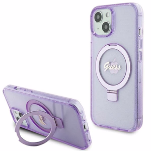 Guess Ring Stand Script Glitter MagSafe Suojakuori iPhone 15 Plus / 14 Pluslle - violetti