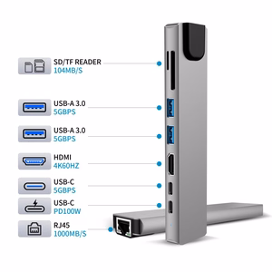 Tech-Protect HB09 USB-hubi 8in1 TYPE-C + USB-A 3.0 + USB-C 3.0 + HDMI 4K 60HZ + SD/TF + PD100W + RJ45 1000 MB/S - harmaa