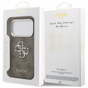 Guess Suojakuori iPhone 17 Pro:lle GUHCP17LP4G4SMCW (4G PU Nahkainen Big 4G ja Classic Logo ja Hopeinen Metallikamerakehys) Ruskea