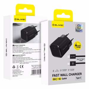 Blavec seinälaturi BC-6 GaN4 - Type C - PD QC 33W 3A Type C - Type C -kaapelilla (TCBC6G4-CB333A+CC) musta
