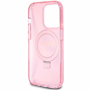 GUESS Suojakuori IPHONE 15 Prolle MagSafe-yhteensopiva GUHMP15LHRSGSP (Glitter Script Logo Ring stand) vaaleanpunainen