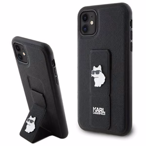 Karl Lagerfeld Gripstand Saffiano Choupette Pins -suojakuori iPhone 11 / Xr:lle - musta