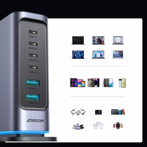 Joyroom JR-TCM02 GaN 65W laturi lataustukiasema 4xUSB-C 2xUSB-A UK-pistoke - harmaa