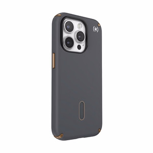 Speck Presidio2 Pro ClickLock MagSafe suojakuori iPhone 15 Pro -laitteelle, hiilenharmaa ja kylmän pronssin sävyinen