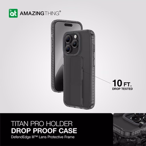 Amazing Thing Titan Pro Holder Suojakuori 10FT IP156.7PTHBK iPhone 15 Pro Max:lle musta jalustalla